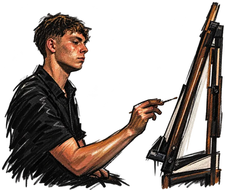Drawing of rockylevi painting at an easel